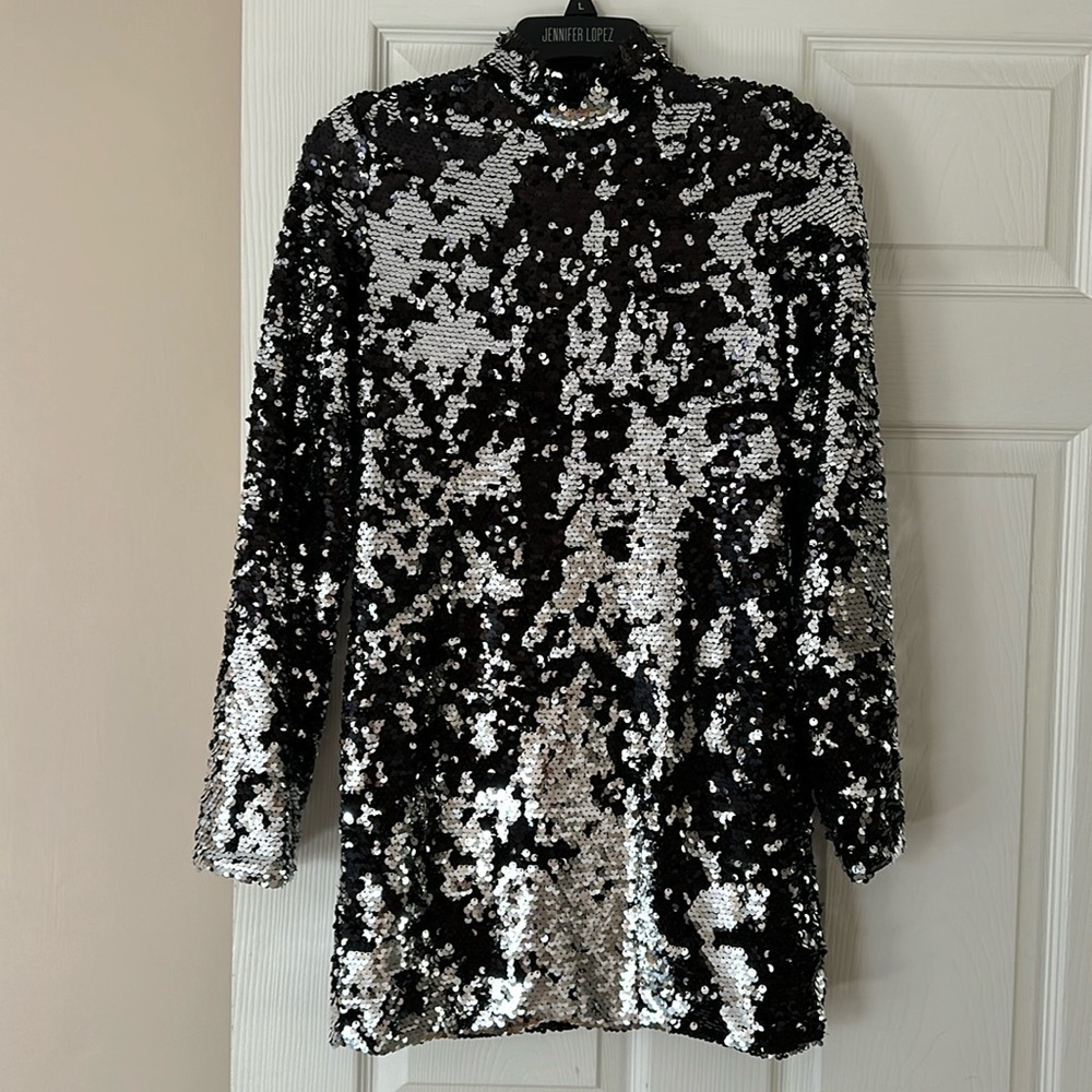 Six Crisp Days Black and Silver Long Sleeve Sequined Mock Neck Dress